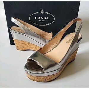 Prada Vernice Open Toe Cork Platform Wedge Heel Sandals 7.5 Silver Metallic‎